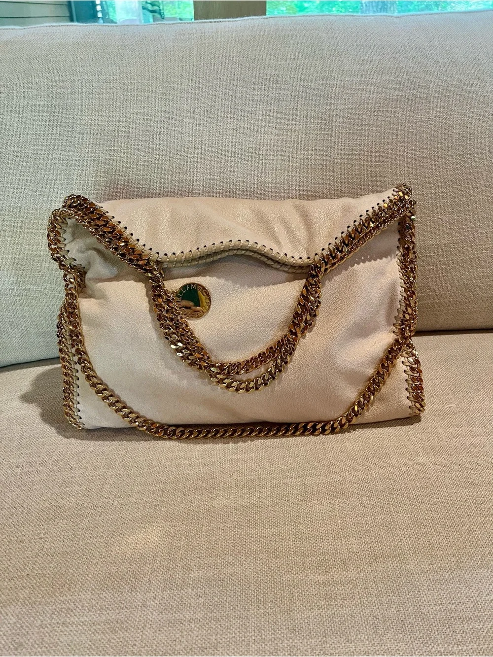 Stella McCartney Cream Falabella Fold-Over Shoulder Bag with Gold Chain